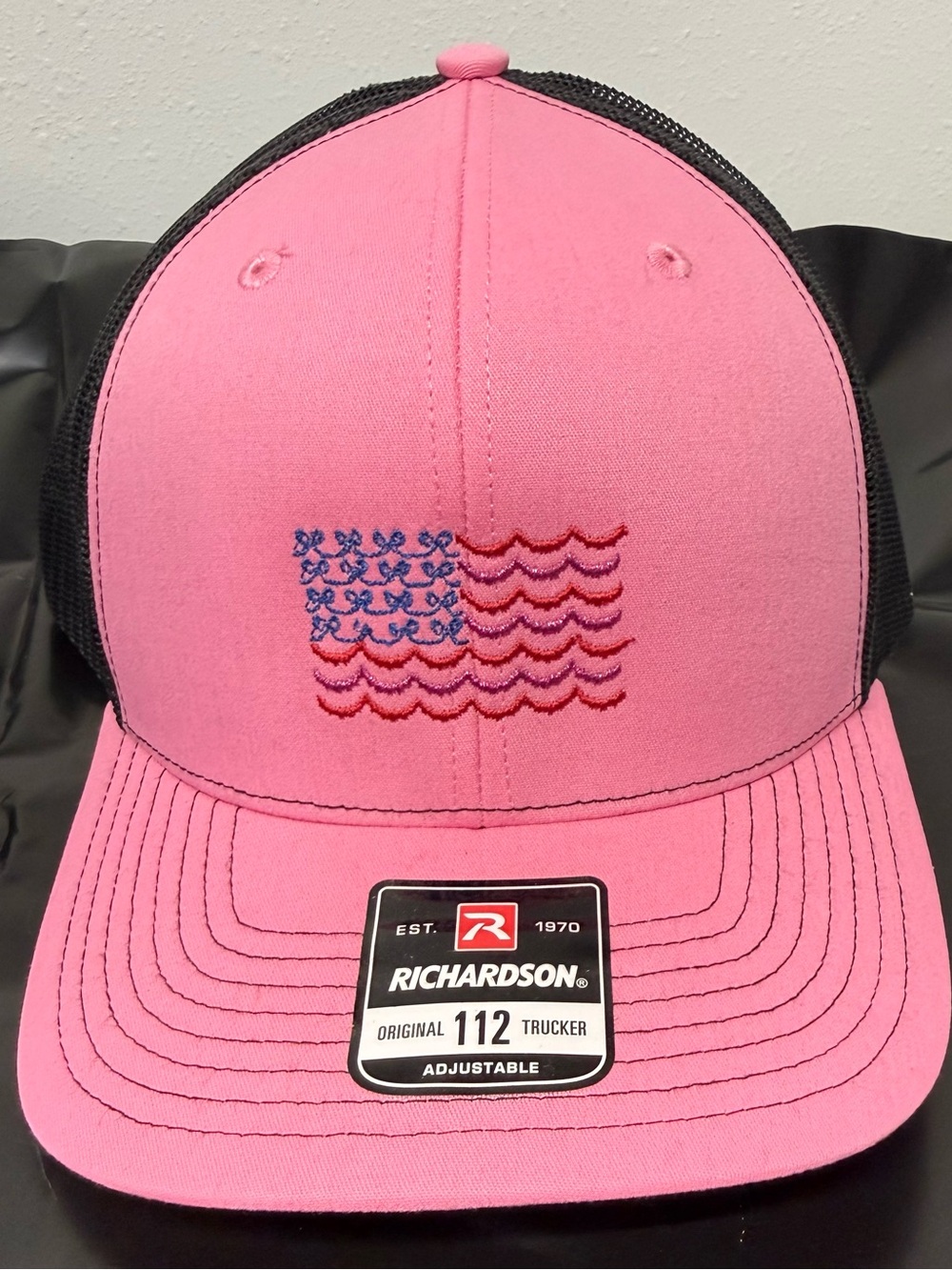 Richardson Pink Trucker Hat with Embroidered Flag